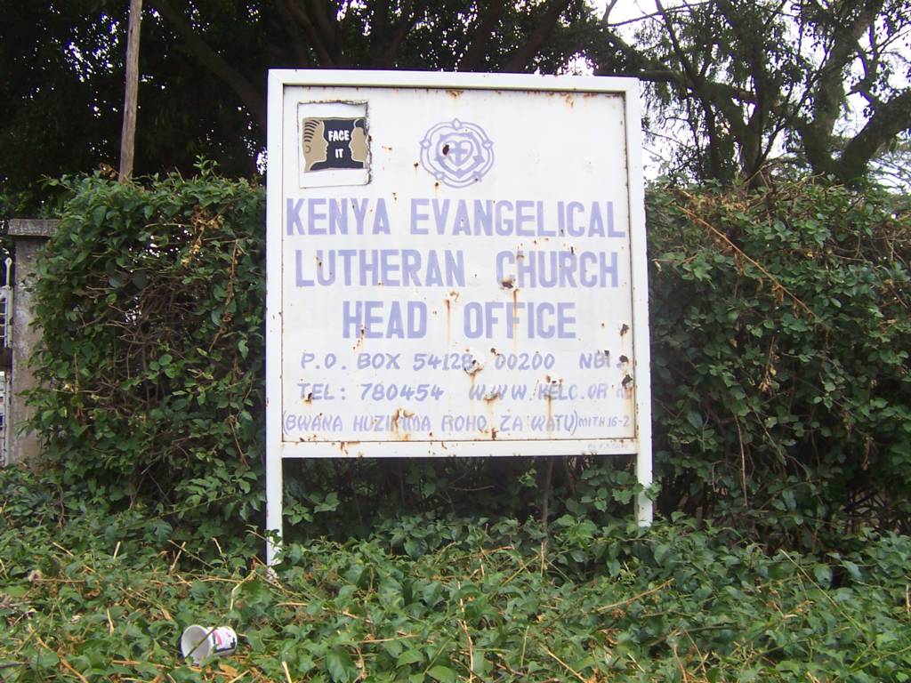 Sign board at entrance to the premises of the Kenya Evangelical Lutheran Church (KELC), Nairobi.