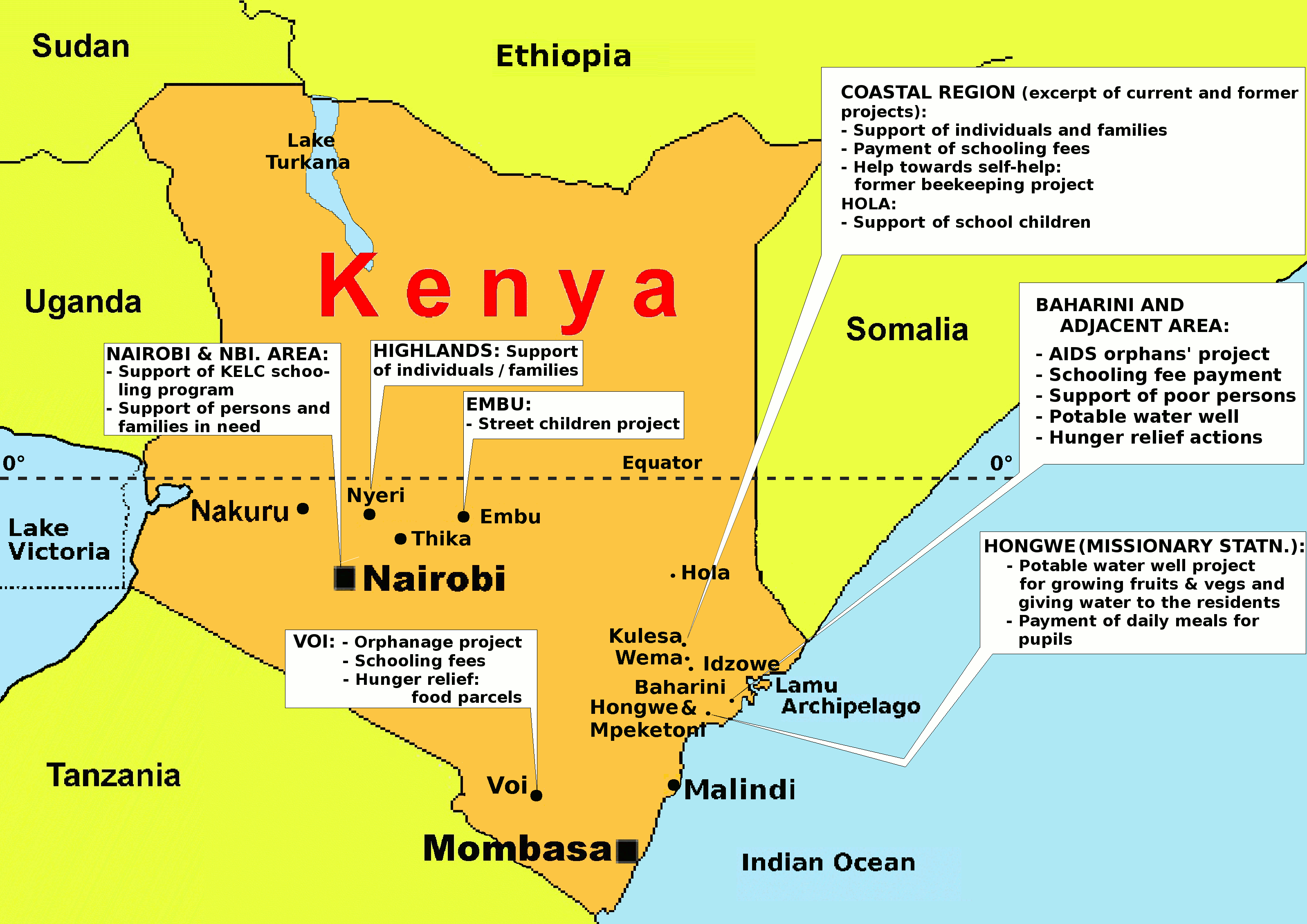 Map of Kenya depicting some project locations supported by the society (due to font size used, approximate locations only).