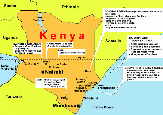 Map of Kenya depicting some project locations supported by the society (due to font size used, approximate locations only).
