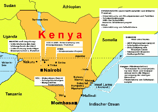 Karte von Kenya mit Lage einiger der vom Verein unterst&uuml;tzten Projekte.